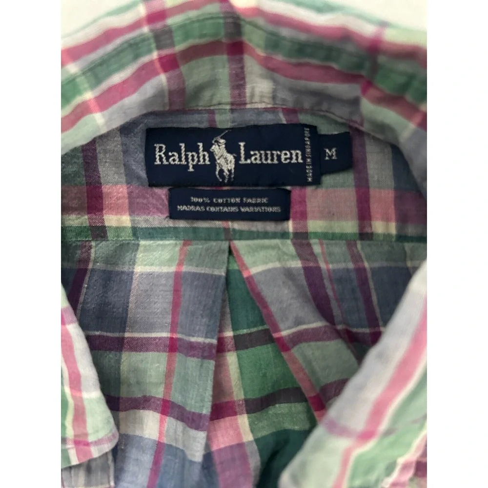 Polo Ralph Lauren Shirt Mens Medium Pink‎ Madras Plaid Short Sleeve Preppy EUC